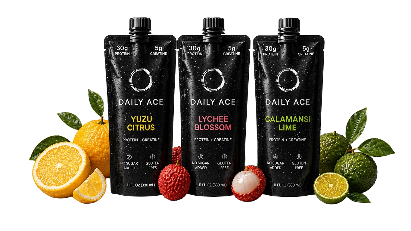 Three Daily Ace pouches: Yuzu Citrus, Lychee Blossom, Calamansi Lime